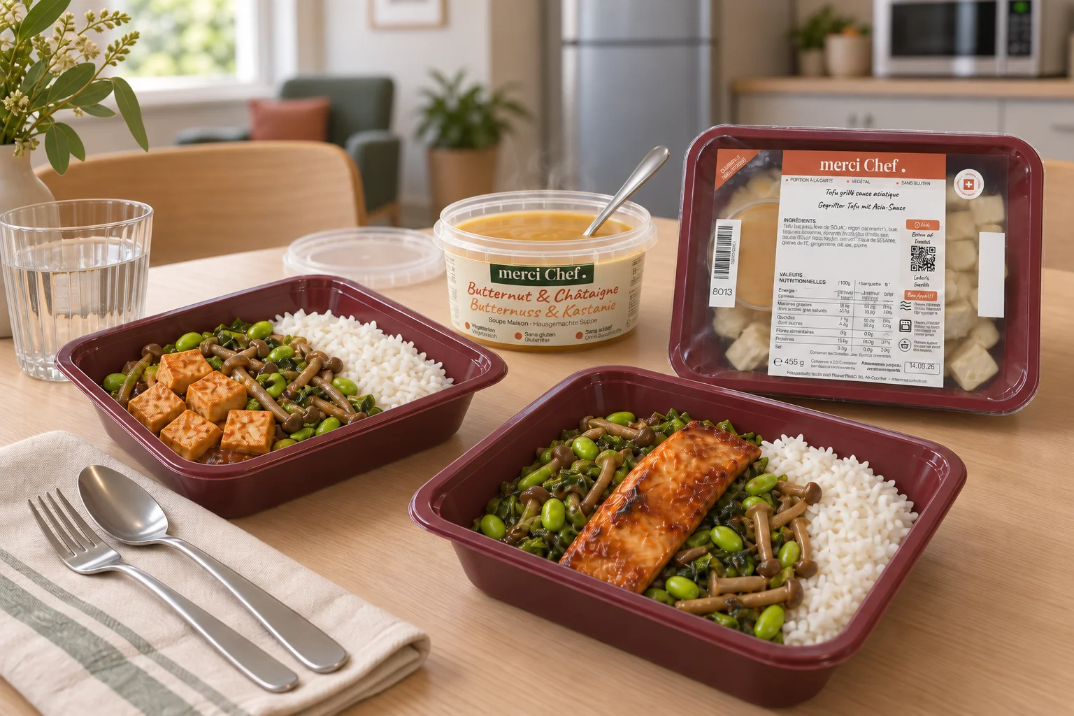 merciChef dishes in individual burgundy trays, a labelled dish and a soup pot in a simple dining area.