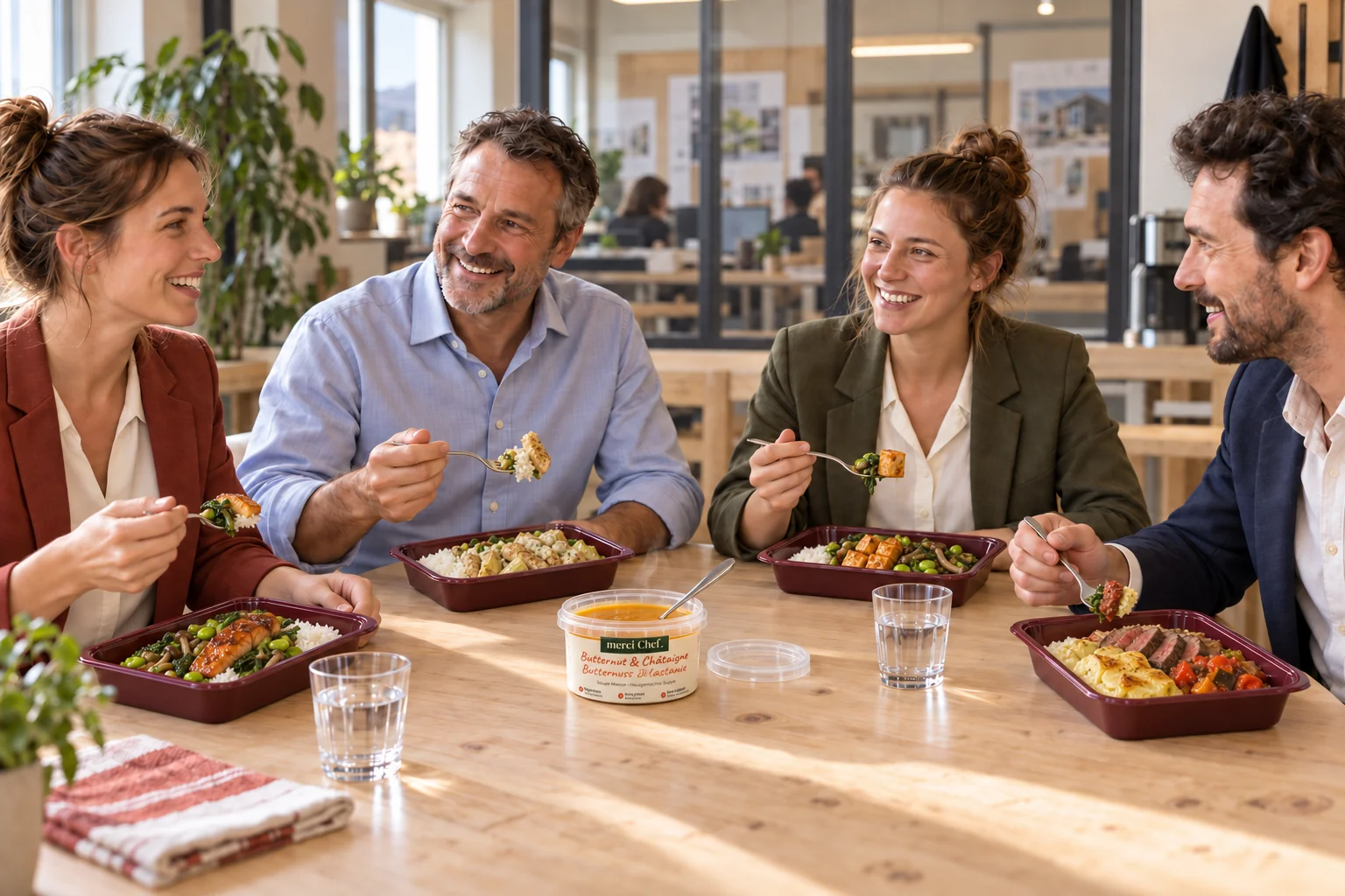 Colleagues sharing lunch, each eating from an individual dish tray.