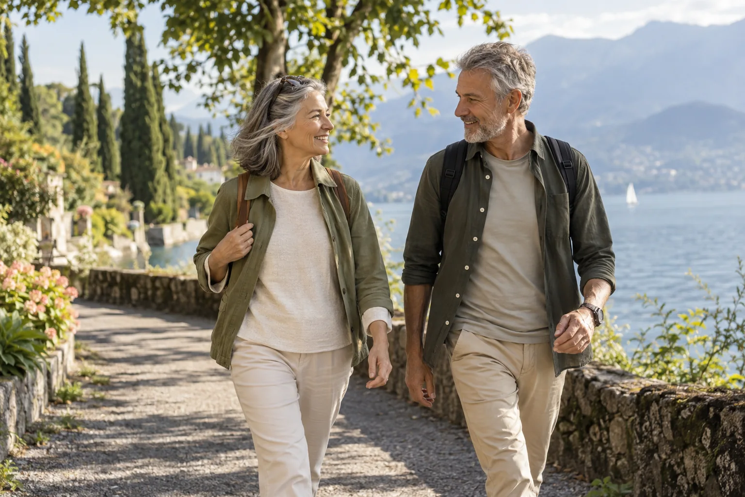 A couple with greying hair enjoying a walk beside the lake.