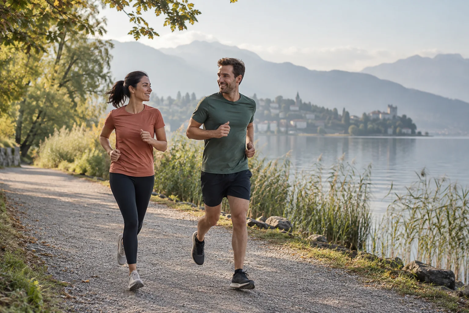 Two adults enjoying a run together beside the lake.