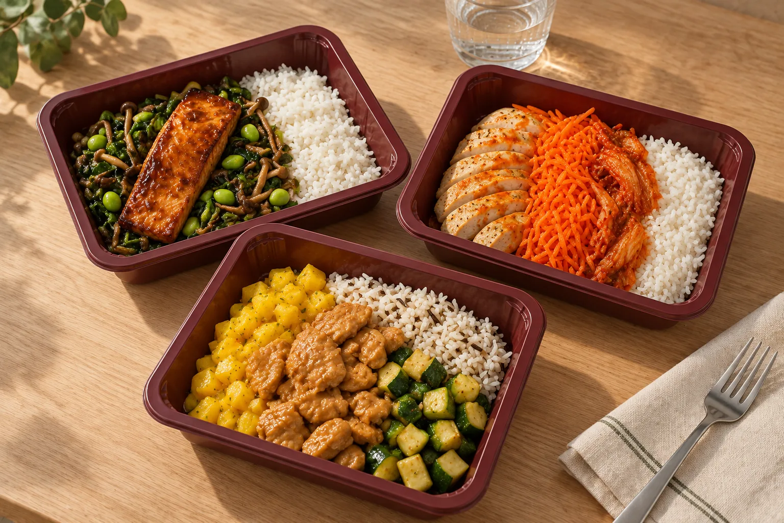 Trois plats différents en barquettes individuelles : saumon teriyaki, poulet gochujang et Planted à la mangue.