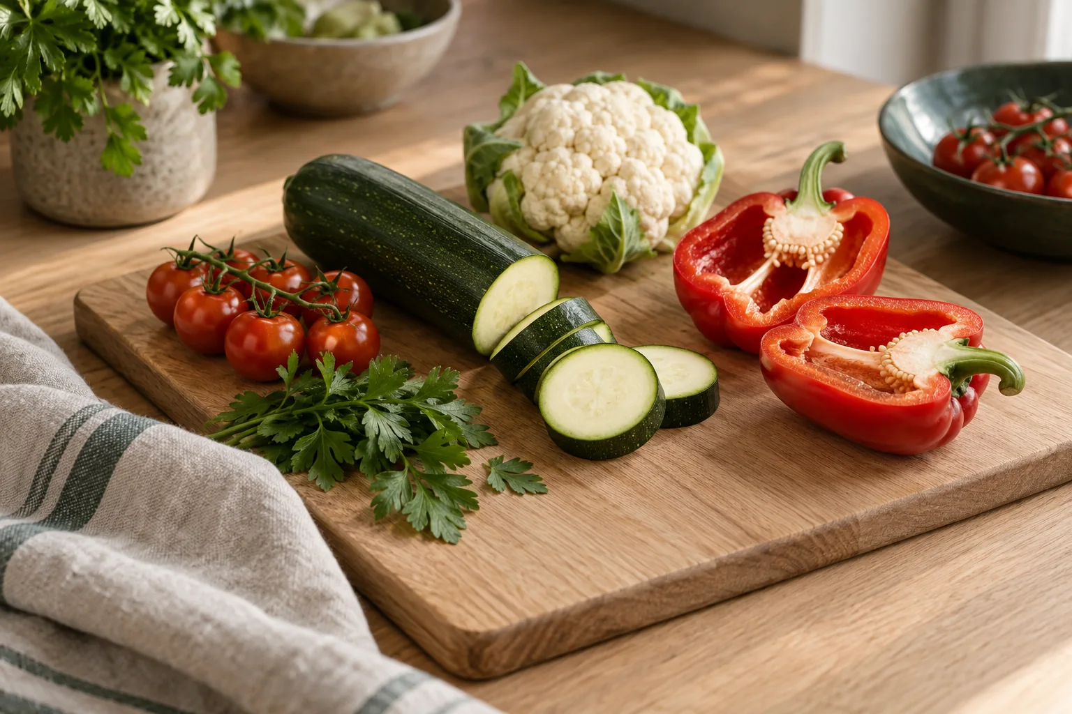 Frische Zucchini, Peperoni, Blumenkohl, Tomaten und Petersilie auf einem Holzbrett.
