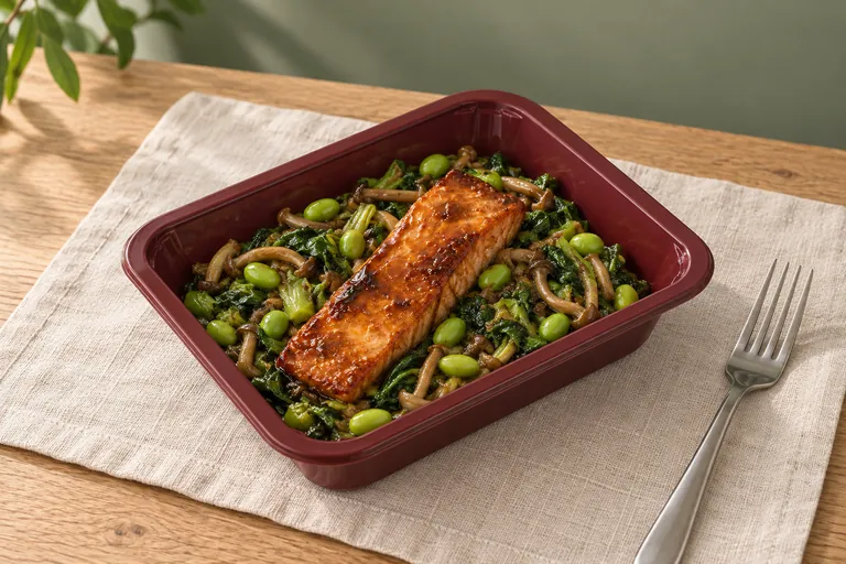 Salmon teriyaki with vegetables in a merciChef low-carb tray