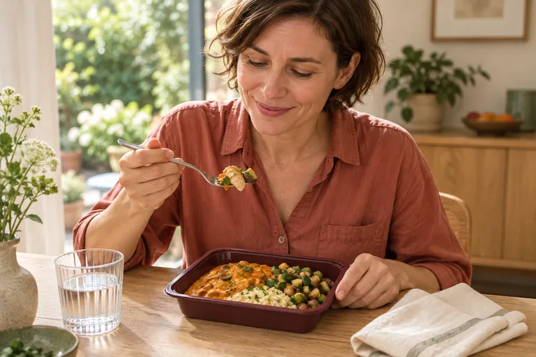 A woman enjoying her meal in a merciChef tray