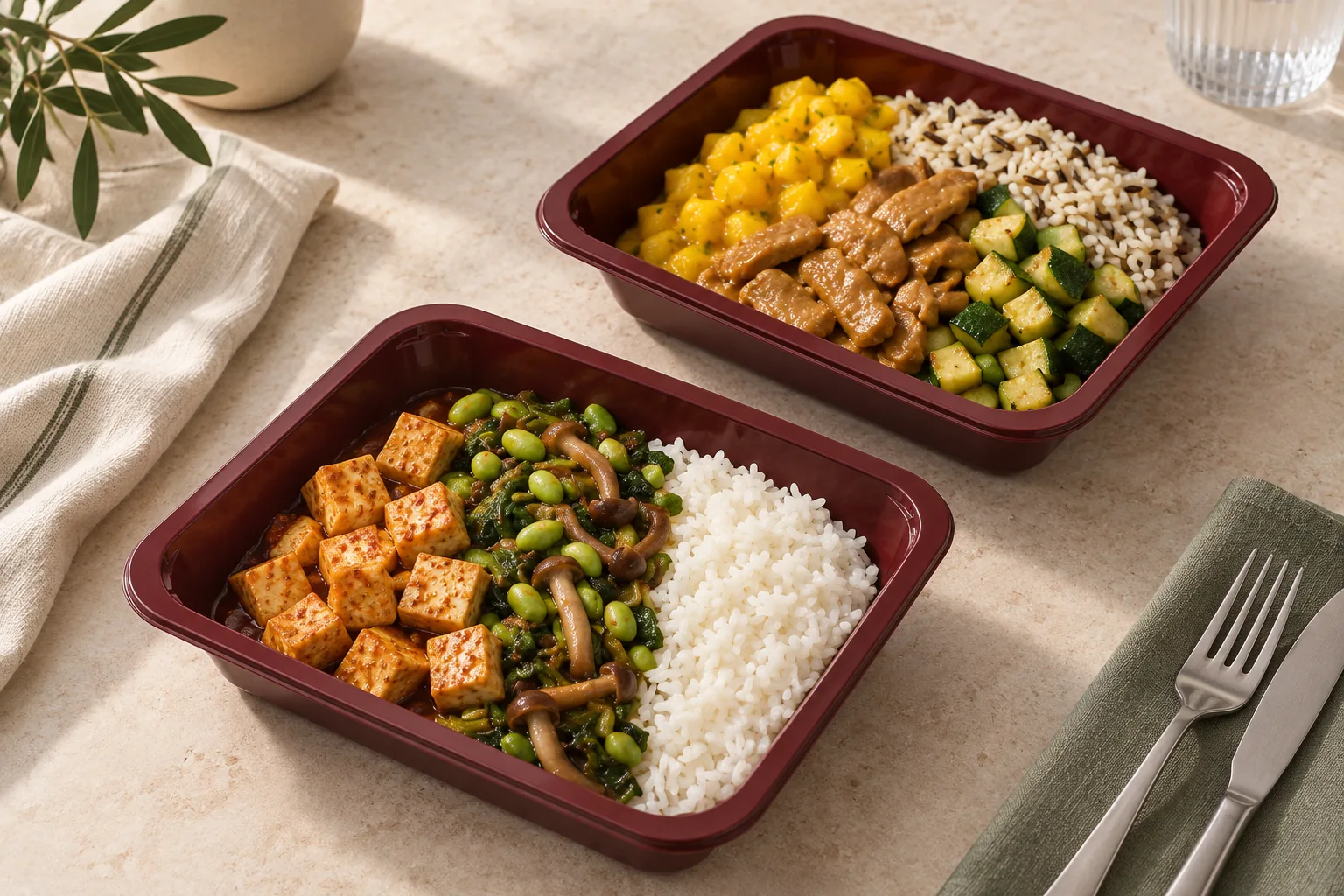 Zwei pflanzliche Gerichte in Schalen: Teriyaki-Tofu und Planted mit Mango, dazu Reis und Gemüse.
