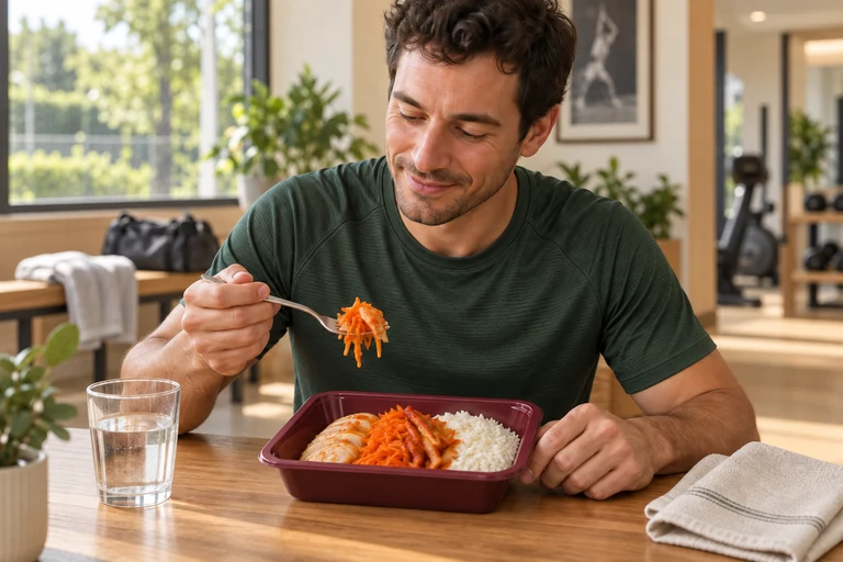 A man enjoying his chicken dish in a merciChef tray