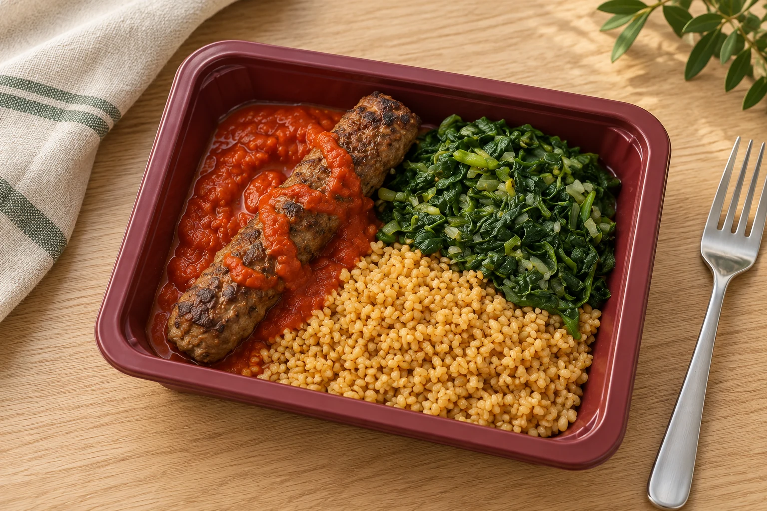 Beef kefta in tomato sauce with spinach and Lebanese bulgur, served in a merciChef tray