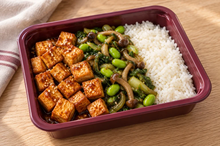 Räuchertofu, Teriyaki-Gemüse und Reis in einer merciChef-Schale