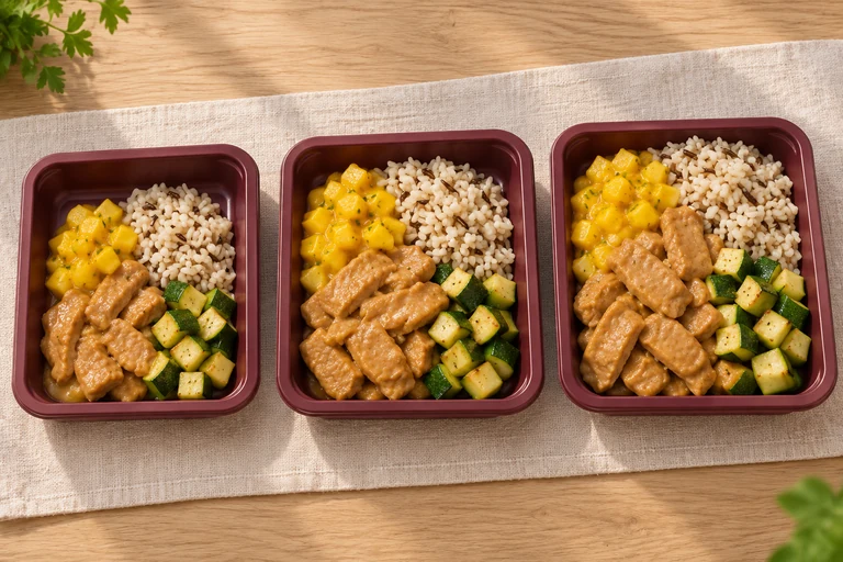 Drei Portionen Planted mit Mangosalsa, Zucchini und Wildreis