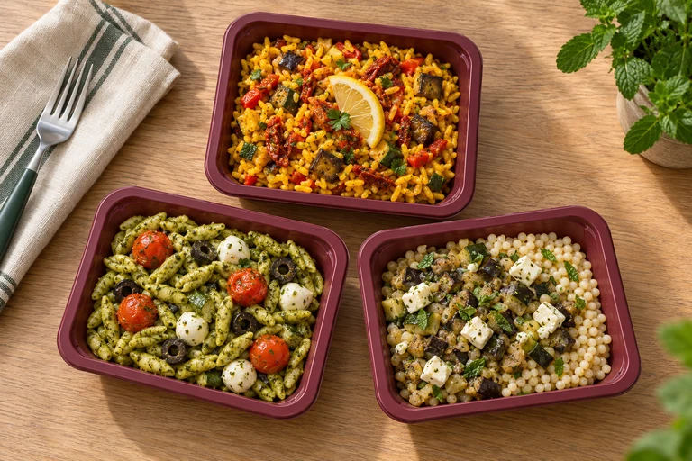 Gemüsepaella, Pesto-Pasta und Perl-Couscous in drei merciChef-Schalen