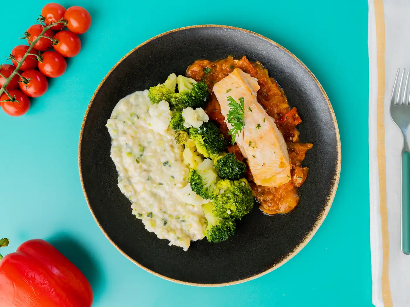 Lachs Piperade-Sauce, Sellerierisotto