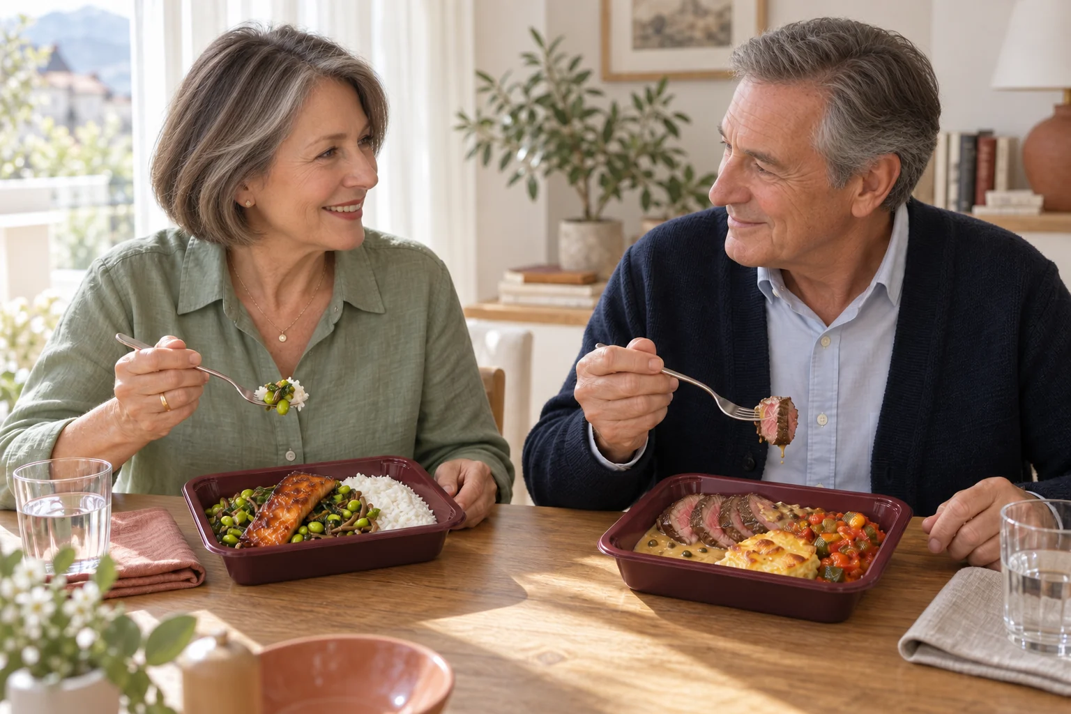 A couple in their late sixties enjoy lunch at home, with two different dishes in merciChef trays.