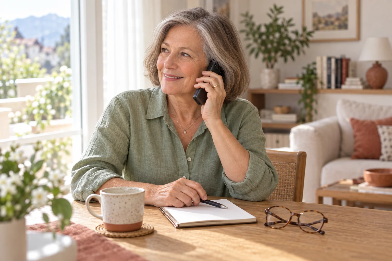 A woman in her late sixties with greying hair comfortably makes a phone call at home.